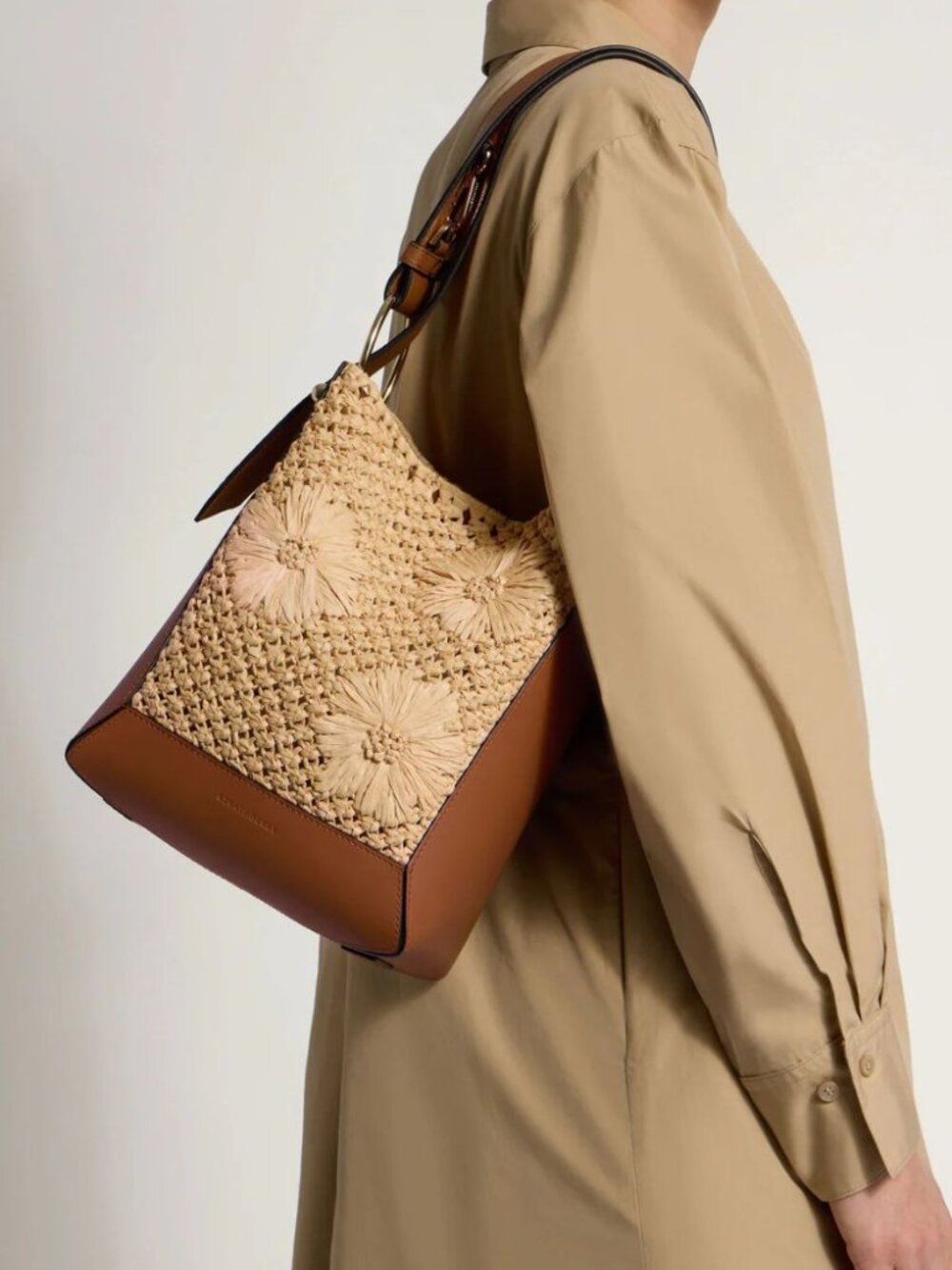Strathberry Lana Midi Bucket Bag Raffia Leather Woven Floral Shoulder - Picture 2 of 10